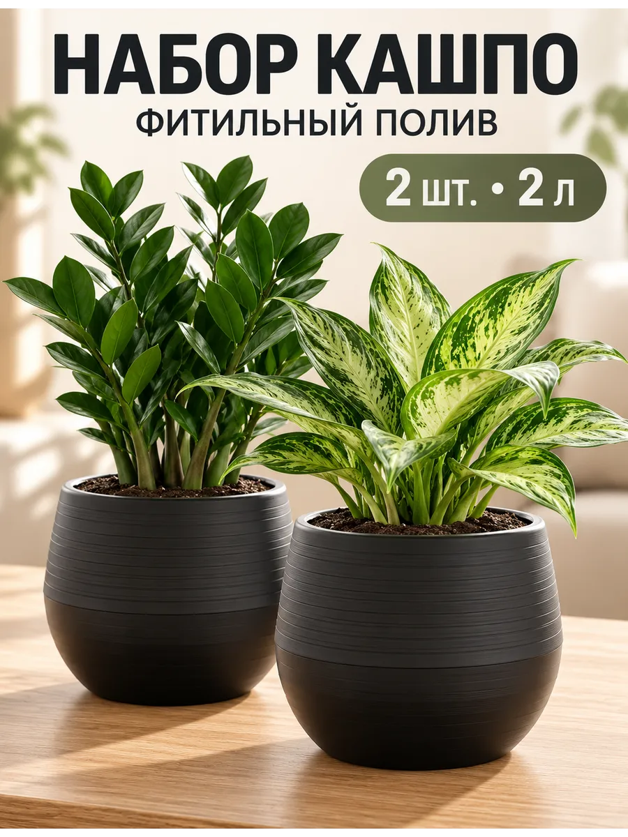 Графитовые кашпо 2 л с фитильным поливом, набор 2 шт.